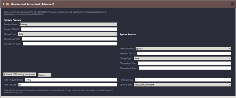 Federal retirement planning controls showing pension COLA, age-62 pension changes, and FERS annuity supplement settings
